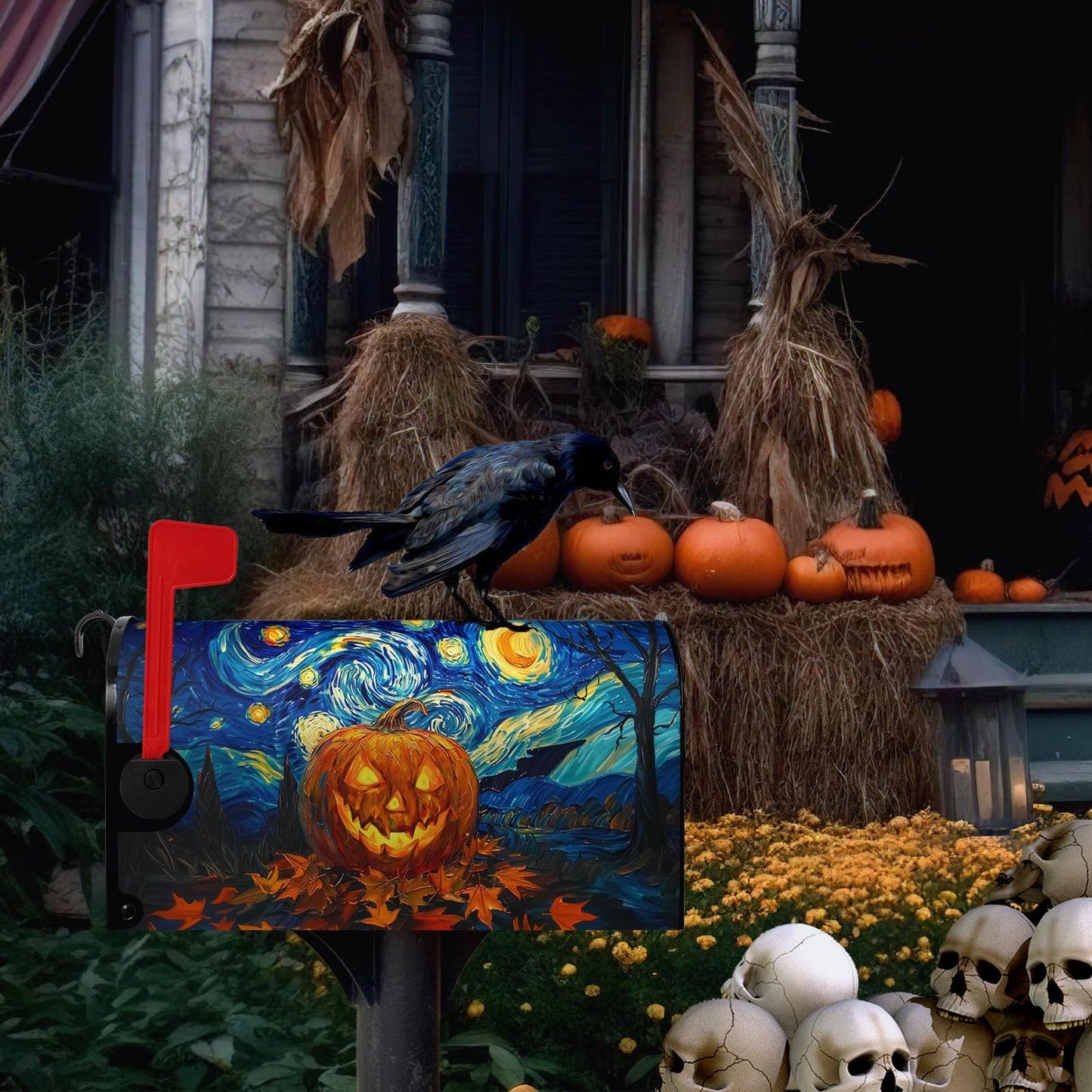 Dacawin Halloween Pumpkin Magnetic Mailbox Covers Standard Size 18 x 21 Van Gogh's Starry Night Mailbox Wraps Cover Oil Painting Decorations Post Box Cover for Garden Yard Outdoor Decor