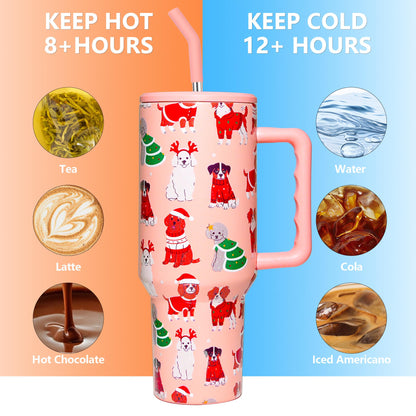 OEUFSEEE Christmas Dog Tumbler with Straw and Lid Vacuum Insulated 40oz Stainless Steel Puppy Cup Gifts for Women Xmas Present Skinny Water Bottle Coffee Cup for Home or Travel