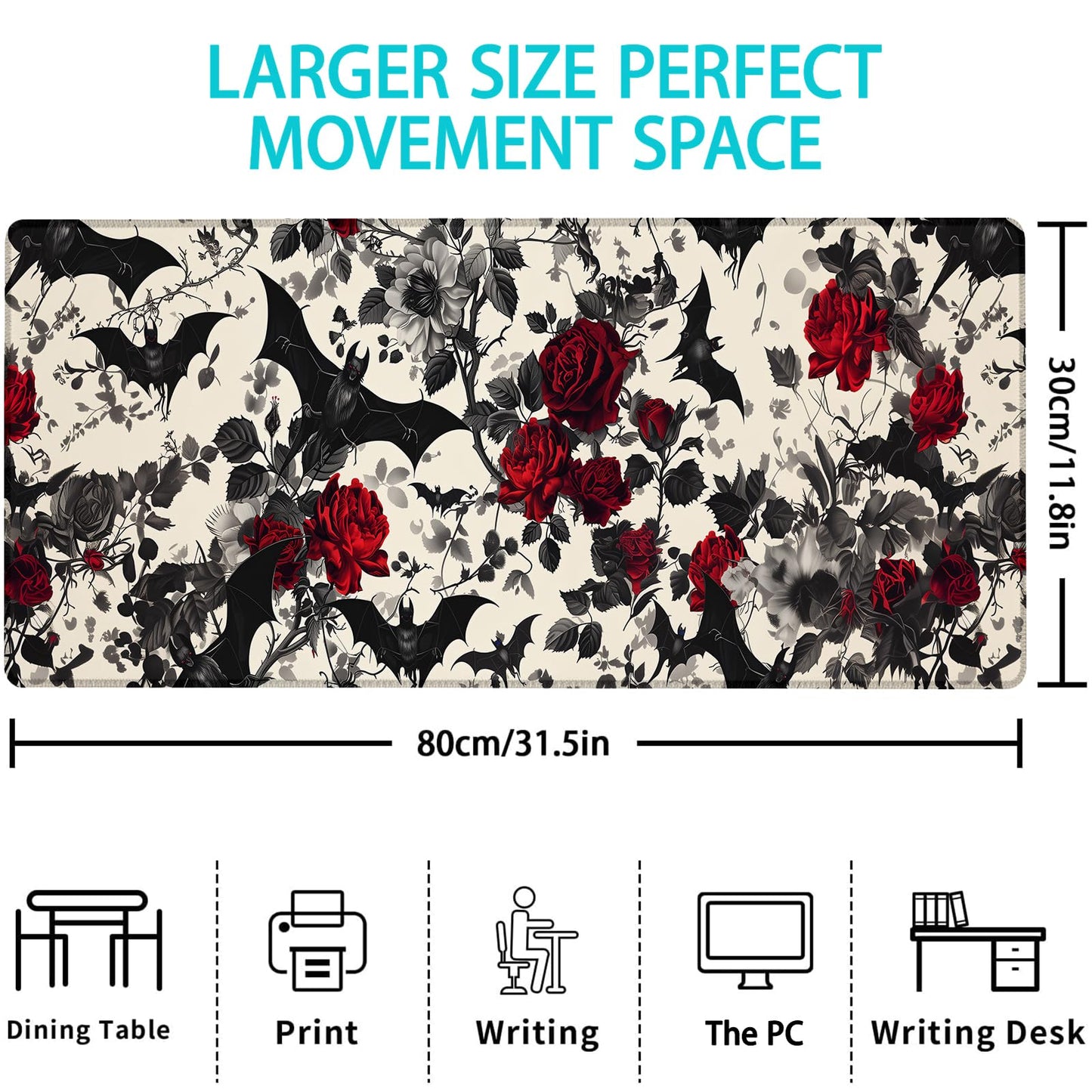 Gothic Bats and Roses Gaming Mouse Pad, Mouse Pad, Desk Mat, Non-Slip Rubber Base MousePads for Computers Laptop Office School Home Accessories Decor Gifts 31.5" x 11.8"