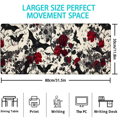 Gothic Bats and Roses Gaming Mouse Pad, Mouse Pad, Desk Mat, Non-Slip Rubber Base MousePads for Computers Laptop Office School Home Accessories Decor Gifts 31.5" x 11.8"