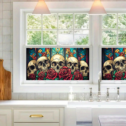 HOMETITUTE Skull Window Film 39.3x17.7 Inch Gothic Skull Window Sticker Halloween Skull Decoration Rose Windows Cling for Haunted House Day of The Dead Horror Windows Glass Cover