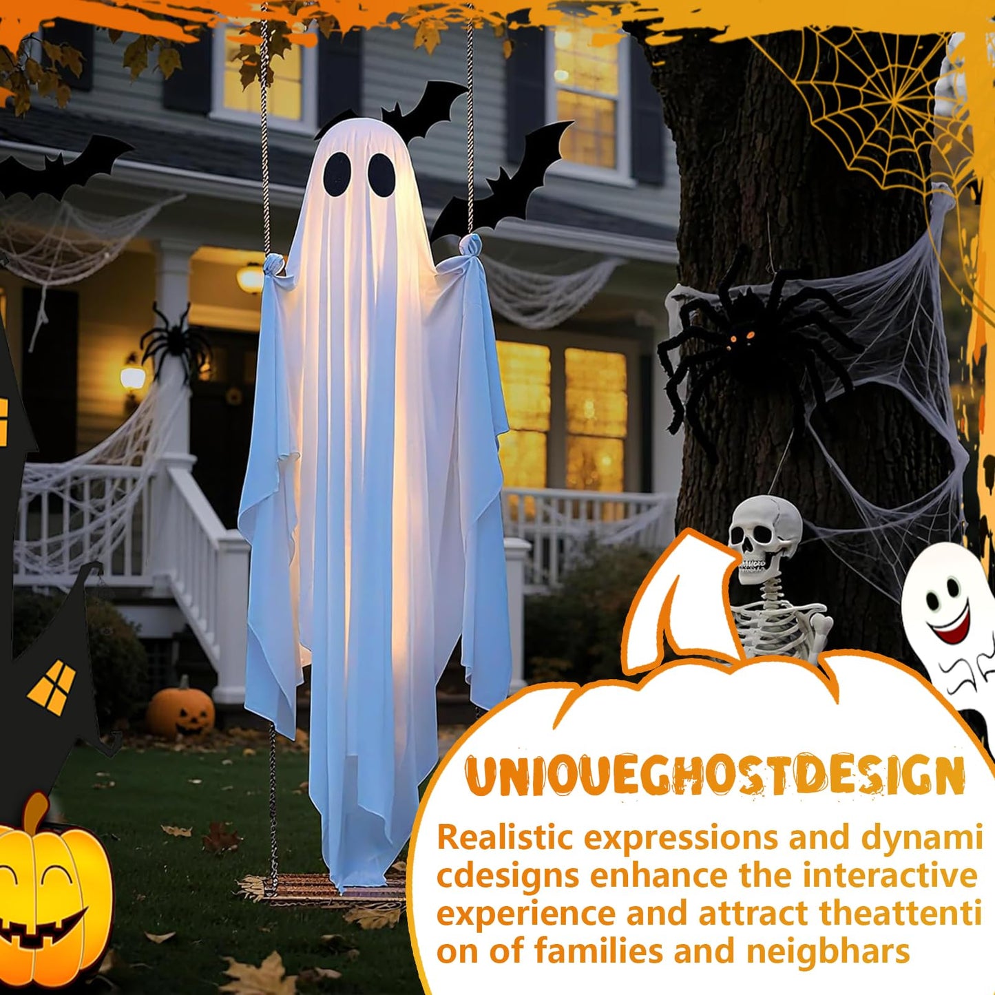 TitTees Halloween Decorations Outdoor, 5FT Large Hanging Ghost Swing with Remote Control String Lights, Spooky Cute Ghosts Decorations for Tree Porch Yard Garden Lawn