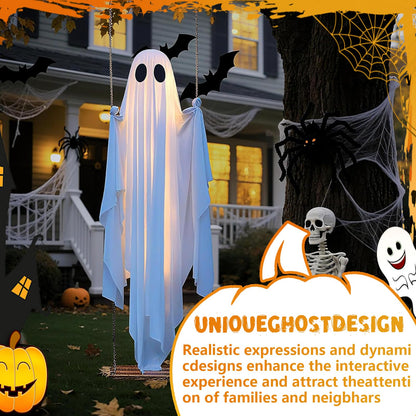 TitTees Halloween Decorations Outdoor, 5FT Large Hanging Ghost Swing with Remote Control String Lights, Spooky Cute Ghosts Decorations for Tree Porch Yard Garden Lawn