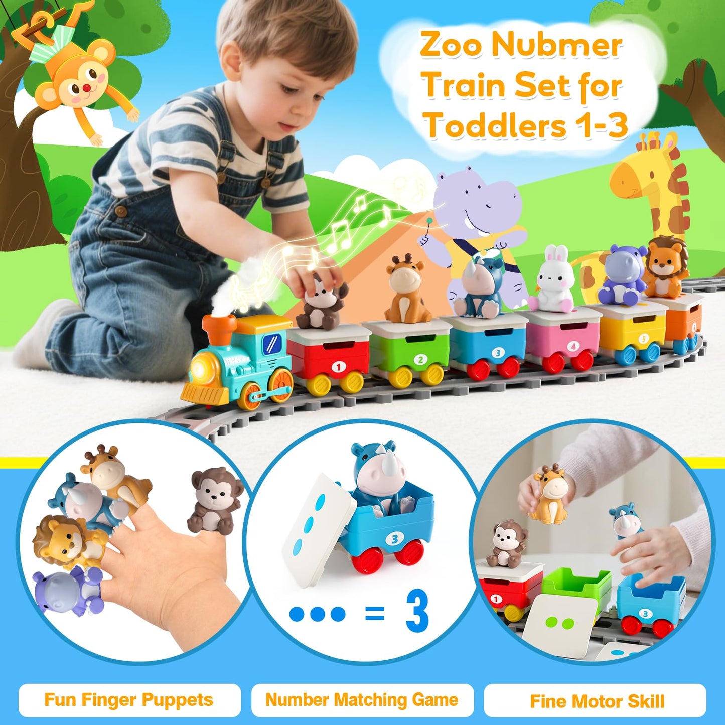 Toddler Toys for 1 2 3 Year Old, Electric Zoo Animal Train Set with Music, Lights & Steam, Montessori Counting, Matching & Sorting Learning Toys, Christmas Birthday Gifts for Baby Boys Girls 18 M+