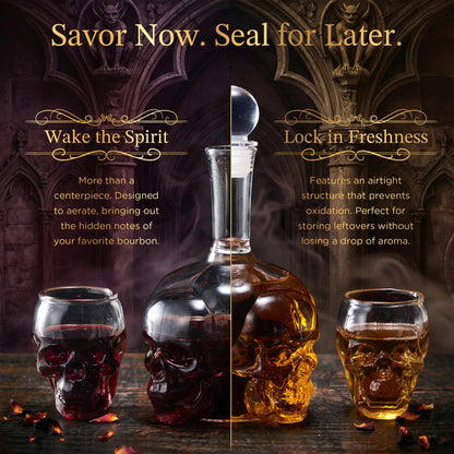 Gothic Skull Whiskey Decanter Set - 34 oz Spooky Skeleton Glass Decanter with 2 Rocks Glasses - Dark Academia Home Bar Decor & Man Cave - Cool Halloween Gifts for Men & Whisky Lovers