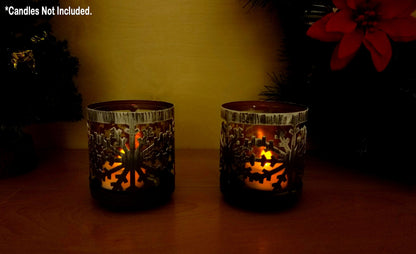 Metal Snowflake Candle Holders Set of 2 with Glass Votive Inserts, Winter Table Centerpiece Decorations, Christmas Snowflake Decor for Dining Table, Mantel, Shelf, Holiday Home Accent, 3 Inch Height