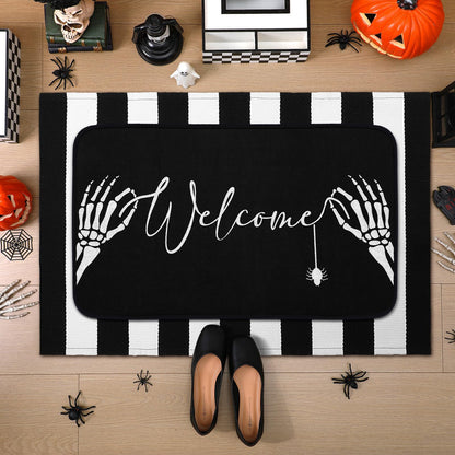 Tinideya 2 Pcs Summer Halloween Door Mats Outdoor Gothic Skull Welcome Front Doormat Linen Rubber Layered Black White Striped Skeleton Mats Nonslip Washable Halloween Decor for Front Porch Entryway