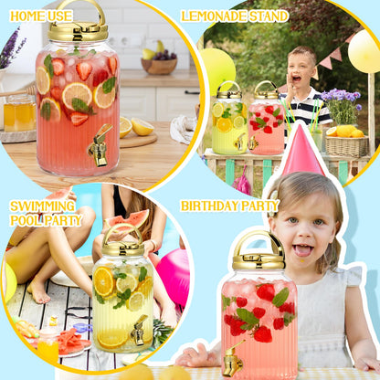 SiliFine 2 Pieces 1 Gallon Plastic Beverage Dispenser with Spigot Striped Clear Large Drink Beverage Dispenser Summer Fridge Water Container with Tap for Party Iced Tea, Sangria, Lemonade(Gold)