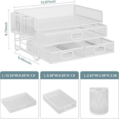 Marbrasse 3 Tier Mesh Desk Organizer with Drawer, Multi-Functional Desk Organizers and Accessories, Paper Letter Organizer with 2 Pen Holder for Home Office Supplies - White