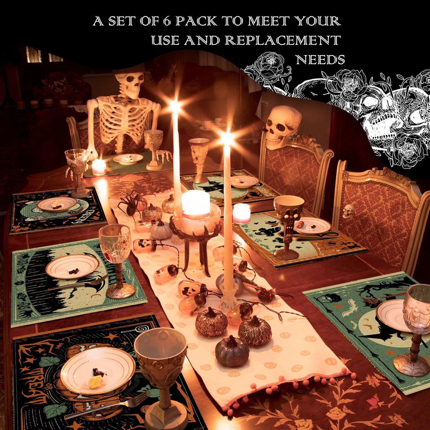 Umigy 6 Pcs Halloween Placemats 12"x18" Gothic Bat Placemats Kitchen Decoration Washable Witch Place Mats Rectangle Skull Table Mats for Halloween Dining Table Accessories(Scary)