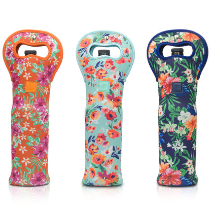 Made Easy Kit Insulated Wine Tote - Neoprene Wine Carrier Bag with Magnetic Handle Clasp - Wine Bottle Protective Travel Bag - Perfect for Gifting Travel or Gift Bag - Set of 3 (Floral Patterns)