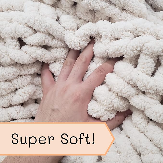 Adyrescia Chunky Knit Blanket Throw | 100% Hand Knit with Jumbo Chenille Yarn (50"x60", Cream White)