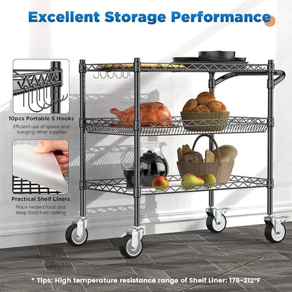 Leteuke 3 Tier Rolling Carts with Wheels, Heavy Duty Rolling Utility Cart,NSF Commercial Grade Metal Cart with Handle&Shelf Liner,Trolley Serving Cart for Kitchen,Restaurant,Plant Display,Black
