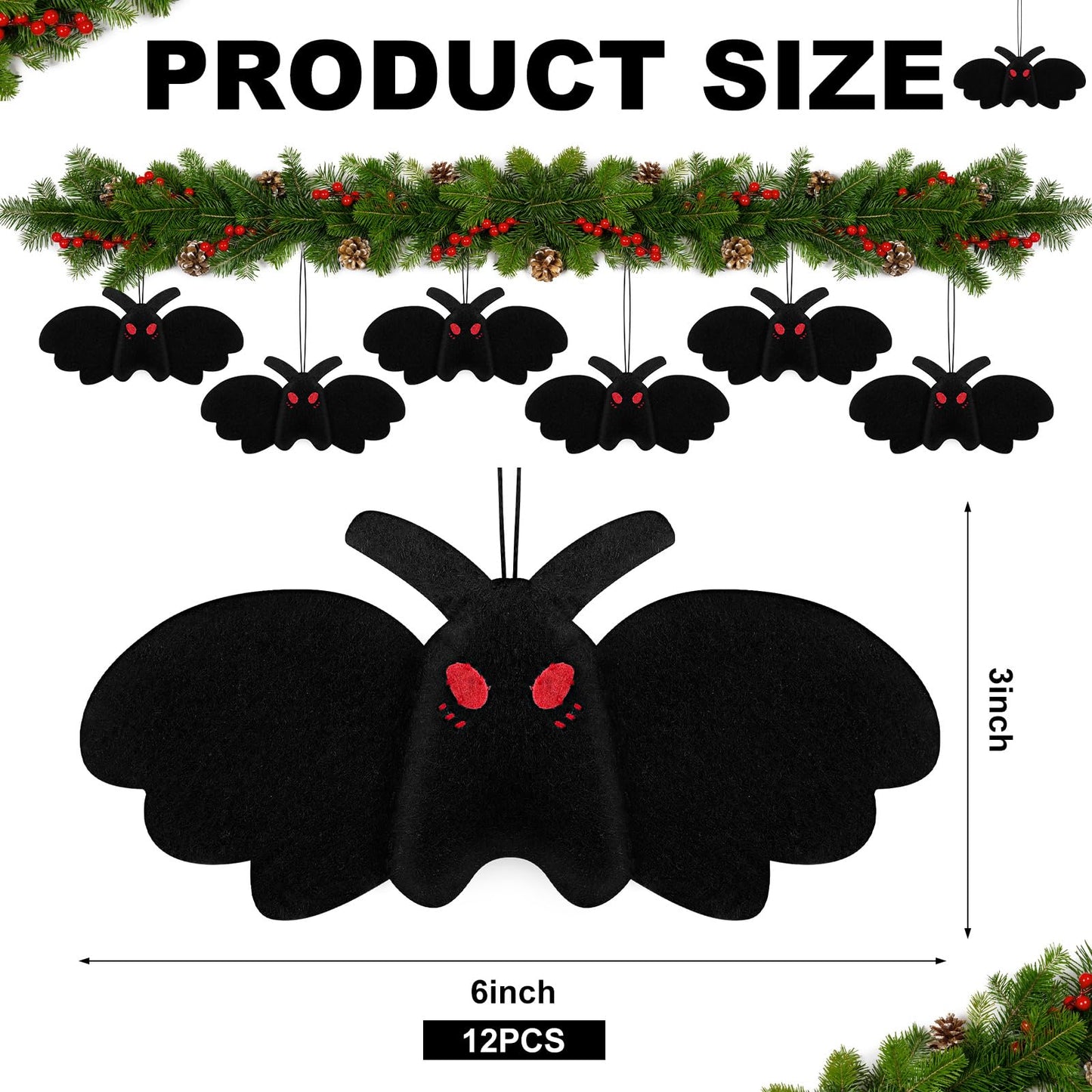 Jenaai 12 Pcs Mothman Christmas Tree Ornament Creepy Goth Stuffed Mothman Animals Decoration Dark Theme Bat Shape for Xmas Tree Fireplace Hanging Home Ornaments Party Gifts (Cute Style)