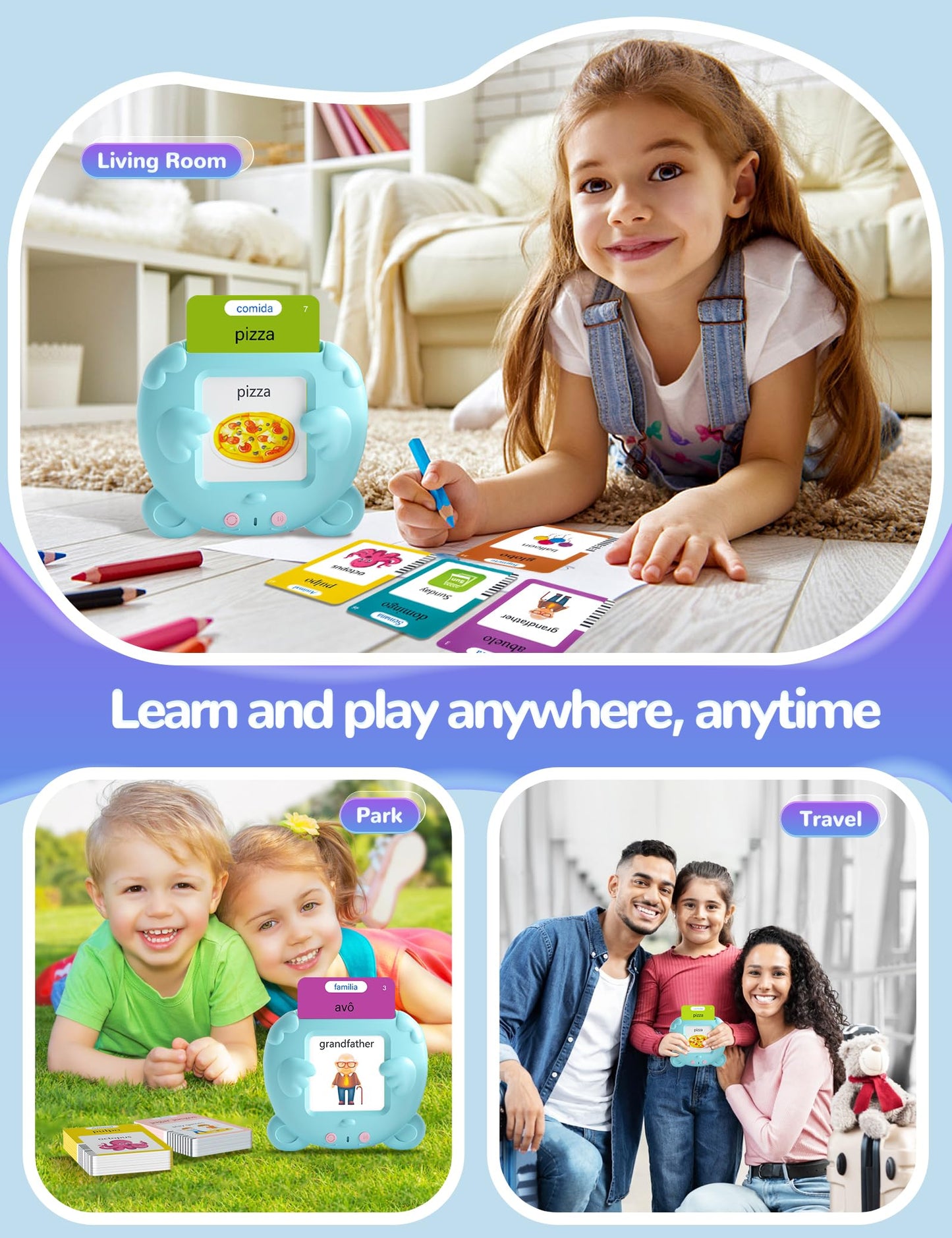 Portuguese and English Talking Flash Cards for Toddlers, 224 Sight Words Bilingual Learning Toys for Kids, Autism Pocket Speech Therapy Toys, Brazil Português Vocabulary Educational Flashcards