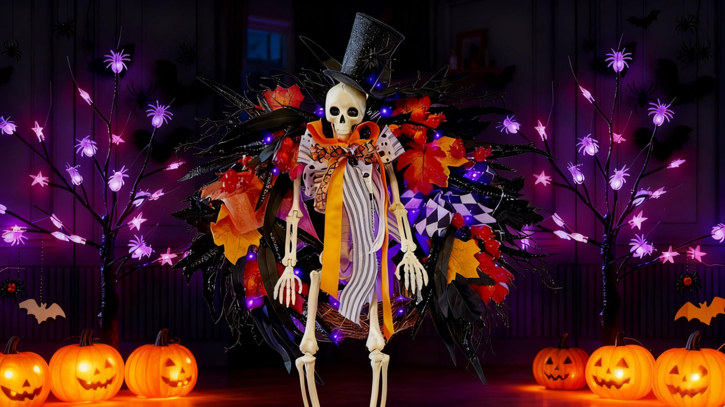 HipTree Halloween & Seasonal Decor Combo: 28 Inch Lighted Skeleton Wreath with Autumn Leaves + 2-Pack 2ft Lighted Black Birch Trees, LED Fairy Lights for Indoor/Front Door/Tabletop Holiday Ambiance
