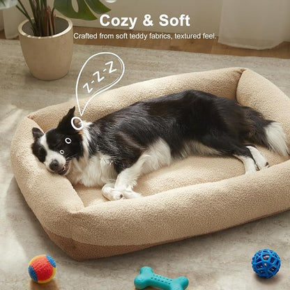 FURTIME Washable Dog Bed Medium Large Size Dogs, Rectangle Comfy Fluffy Pet Bed, Removable Zipper Cover Machine Wash, Soft Orthopedic Bed Durable Pet Cuddler with Anti-Slip Bottom,30"x24"x8",Beige