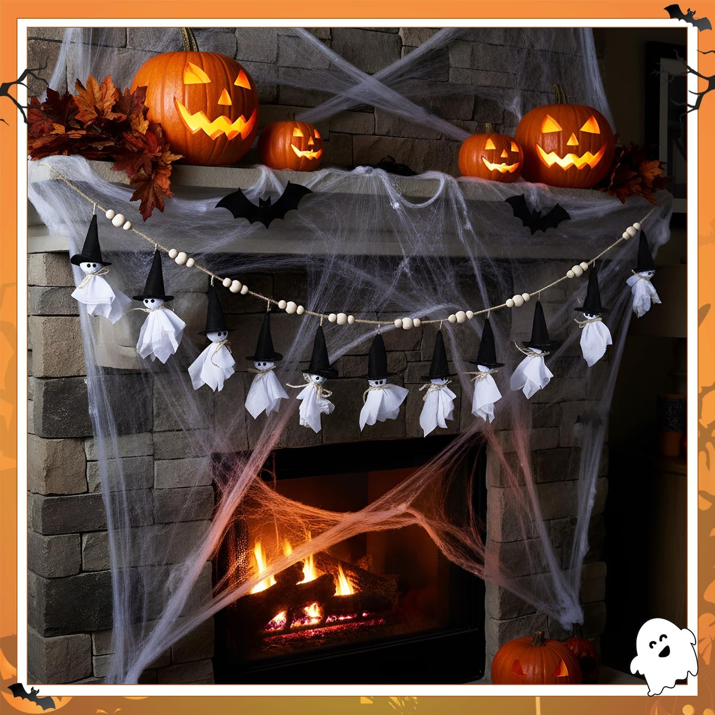 VitalCozy 7ft Halloween Garland Cute Witch Hat Ghost with Wooden Beads Garlands Farmhouse Rustic Halloween Banner for Wall Haunted House Party Yard Outdoor Spring Decor Supplies
