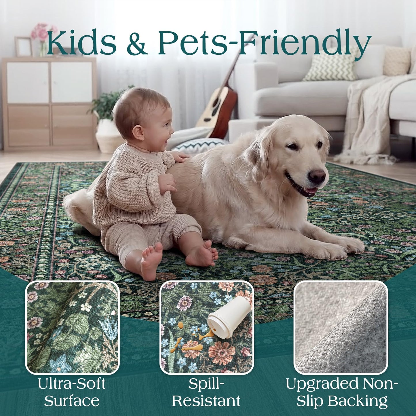 Othilic Moss Green 8x8 Square Rug - Soft Washable Boho Floral Living Room Rug Non Slip Stain Resistant Dark Forest Botanical 8' Square Area Rugs for Bedroom Guest Room Dining Room Rugs for Under Table