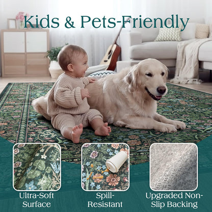 Othilic Moss Green 8x8 Square Rug - Soft Washable Boho Floral Living Room Rug Non Slip Stain Resistant Dark Forest Botanical 8' Square Area Rugs for Bedroom Guest Room Dining Room Rugs for Under Table