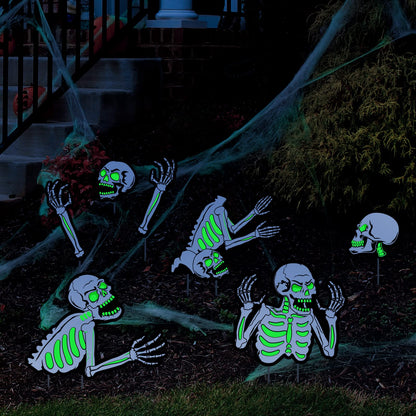 Capoda 5 Pieces Halloween Yard Signs Outdoor Decorations Fluorescent Halloween Skeleton Garden Sign with Stakes Reflective Skeleton Lawn Stake for Garden Lawn Yard Decor Supplies