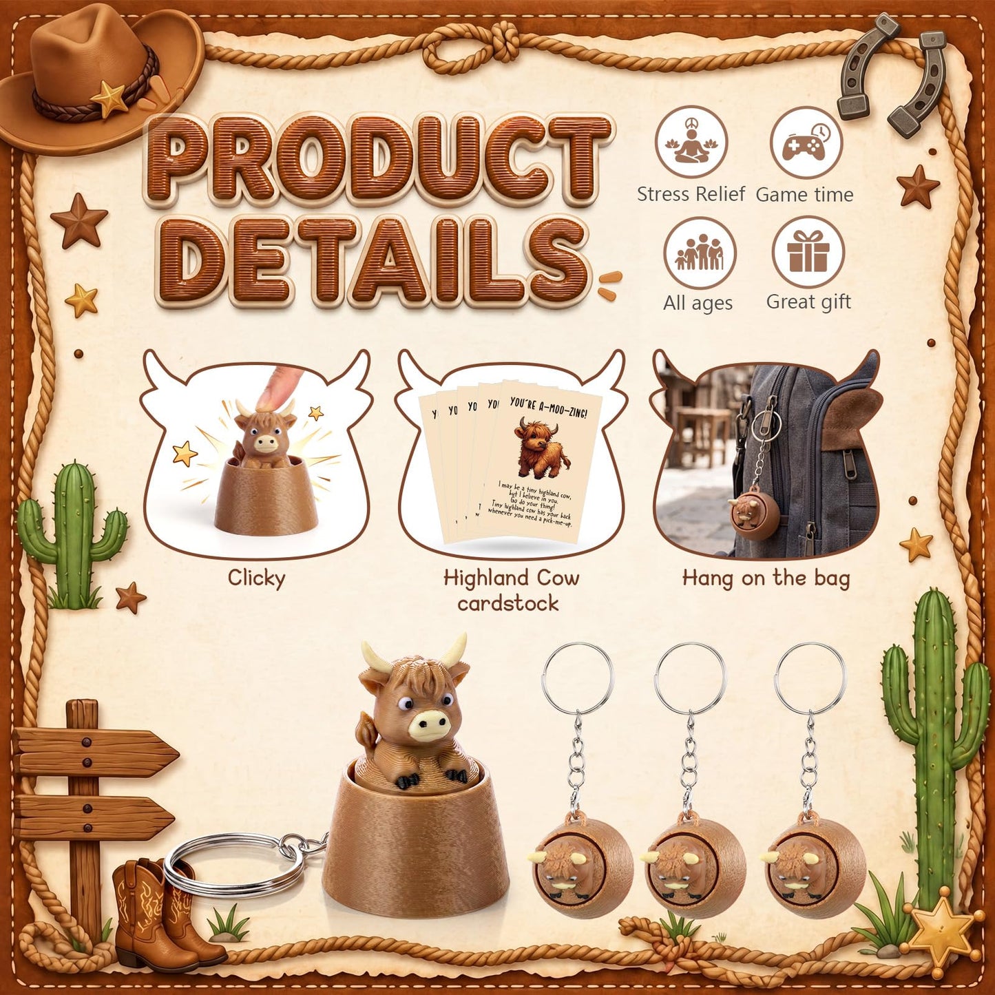 Junkin 24 Sets Highland Cow Clicker Fidget Keychain 3D Printed Clicker Fidget Decompression Button Stress Relief Gifts with Positive Cards for Animal Lovers Graduation Birthday Party Favors Office