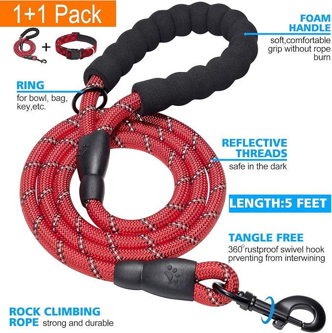 Ladoogo Reflective Dog Collar Padded with Soft Neoprene Breathable Adjustable Nylon Dog Collars for Small Medium Large Dogs (Medium (Pack of 1), Red Plaid Collar+Leash)