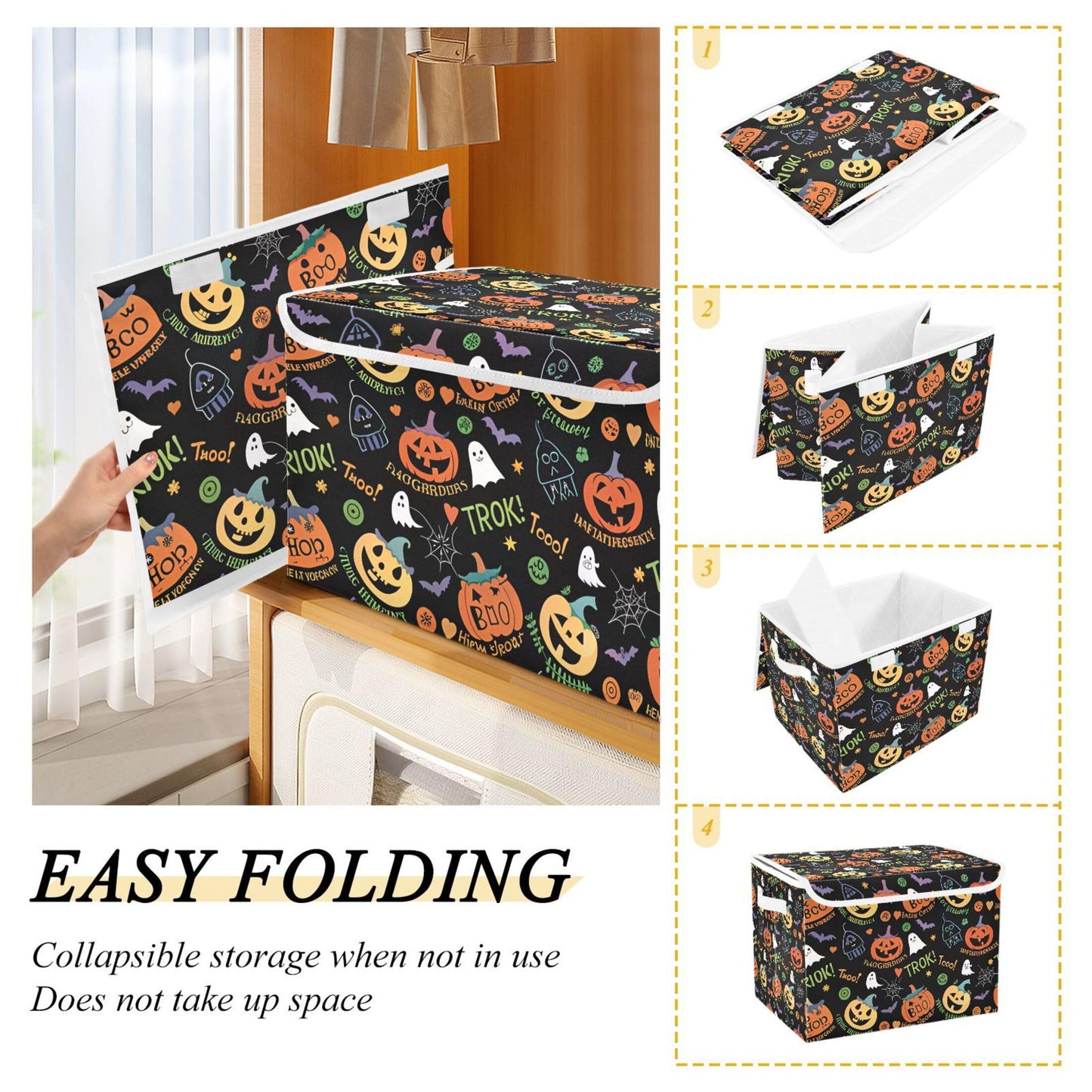 xigua Halloween Ghost Pumpkin Ghosts Storage Bins with Lids and Carrying Handle,Foldable Storage Boxes Organizer Containers Baskets Cube with Cover for Home Bedroom Closet Office
