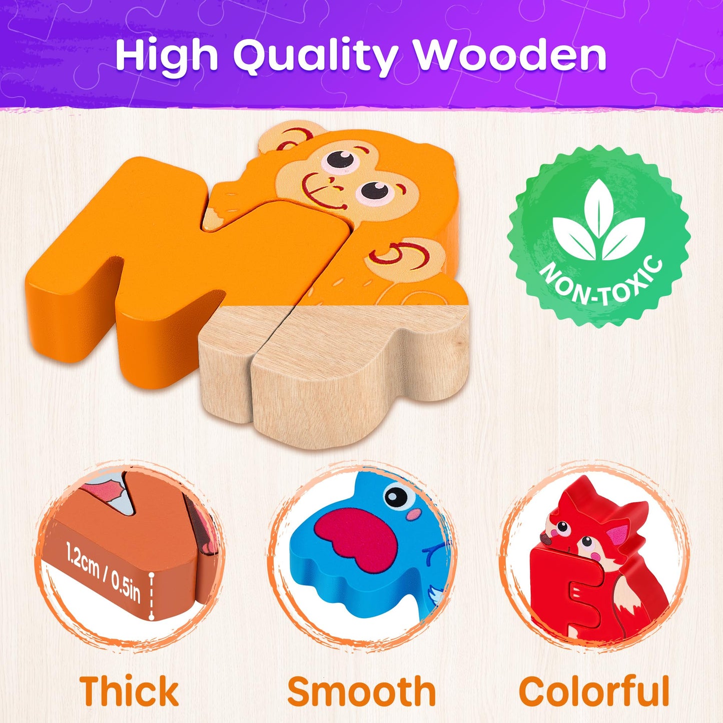 SYNARRY Wooden Alphabet Puzzle, 52 Pieces ABC Puzzles for Kids Ages 3-5, Alphabet ABC Letter Blocks Puzzles for Toddlers 3-5, Animals Letter Matching Preschool Learning Toys, Easter Gifts for Kids