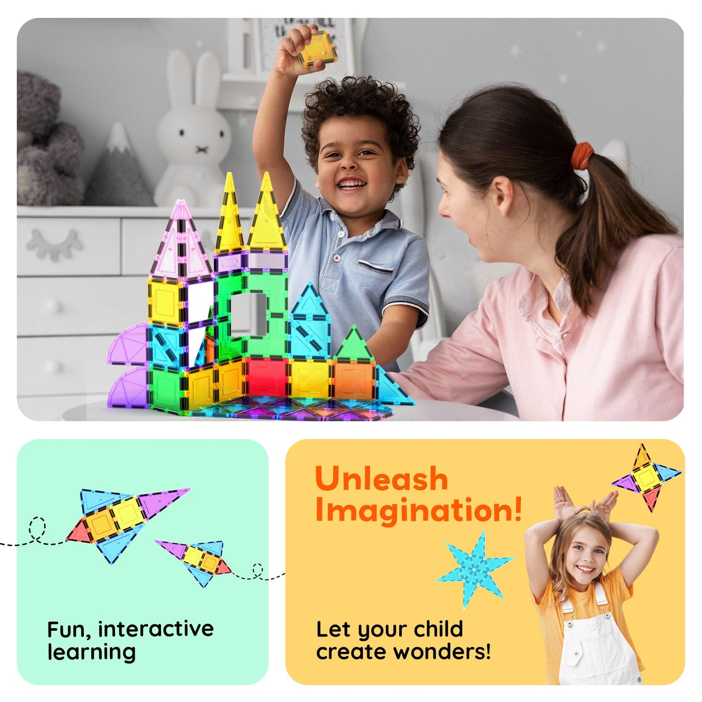 PicassoTiles Magnetic Tiles 152pcs Mirror Theme Magnet Tile Building Blocks STEM Sensory Toys with Car for Kids Toddlers Boys Girls Age 3+ Educational Learning Construction Play Set PT152
