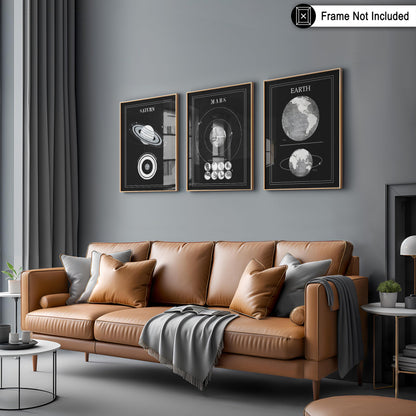 Poster Master 3-Piece Space Wall Art Set, 8x10 Unframed Art Print Posters, Lunar Home Decor, Astrological Room Decoration Poster, Black & White Lunar Design, Gift for Planetary Astrology Fans