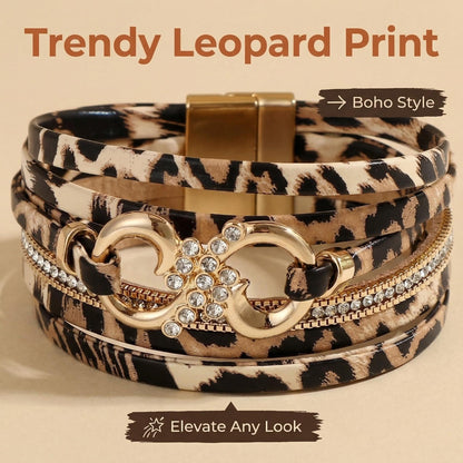 Hopeicy Leopard Bracelet for Women, Boho Leopard Print Wrap Bracelet with Rhinestone Gold Buckle, Magnetic Clasp Layered Leather Cuff Bracelet, Cheetah Print Jewelry Fashion Accessories Gift for Women