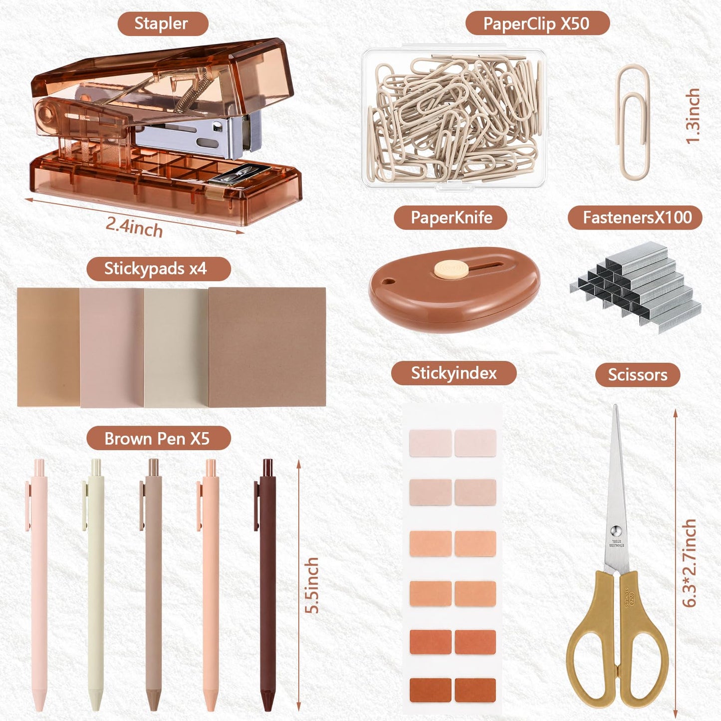 Humyoun Khaki Mini Office Supplies Kit School Supplies Desk Accessories with Gel Pens Sticky Notes Stapler 1000 Scissor Paper Clips Index Tabs Box Cutter for Back to School Office