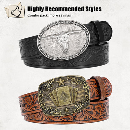 SANSTHS Western Belts for Men Women 2 Pack, Cowgirl Cowboy Belt Leather Straps with Buckle Set for Jeans, Bull Poker Black and Brown