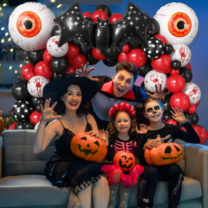 Halloween Balloons Garland Arch Kit, 94pcs Red Black White Polka Dot Balloons, Bloody Hand Print Balloon Eyeball Bat Mylar Balloon for Scream Creepy Gothic Halloween Horror Birthday Party Decorations