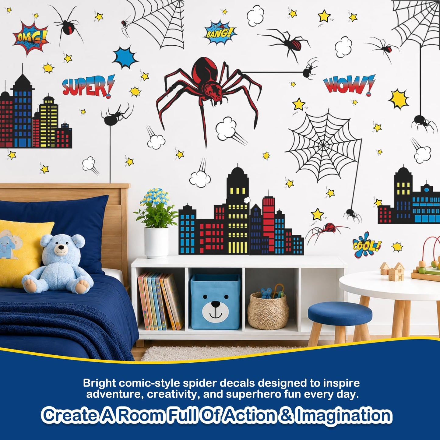 Superhero Wall Decor, Hero City Building Stars Stickers for Kids Boys, 70 Piece UV PVC DIY Removable Reusable Cartoon Stickers for Toddler Nursery, Bedroom, Playroom