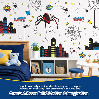 Superhero Wall Decor, Hero City Building Stars Stickers for Kids Boys, 70 Piece UV PVC DIY Removable Reusable Cartoon Stickers for Toddler Nursery, Bedroom, Playroom