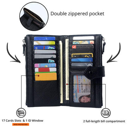 Bveyzi Women Soft Leather RFID Blocking Bifold Slim Wallets Ladies Credit Card Holder Double Zipper Pocket(Black)