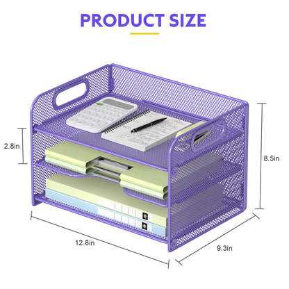 Samstar 3 Tier Purple Letter Tray Paper Organizer with Handle, Mesh Desk Organizer Paper Sorter File Rack Shelves, Purple