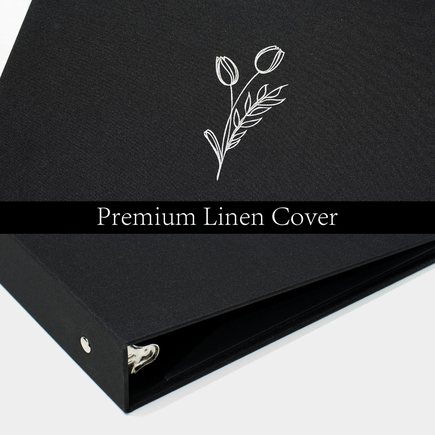 Premium Linen 3 Ring Binder 1 Inch - Decorative Hardcover Binder with Round Rings, Holds 8.5 x 11 Letter Size Paper for School, Office, Home Organization & Presentation, Tulip, Black