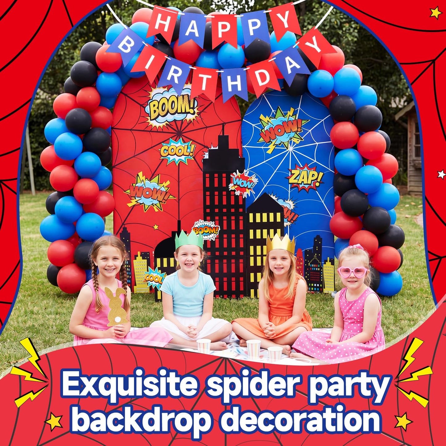 Outus 48 Pcs Spider Web Arch Backdrop Cover Balloons Skyscraper City Boxes Set 7.2ft/6ft Birthday Party Decorations for Photo Props Indoor Outdoor Cosplay Wedding Baby Shower Halloween Backdrop Decor