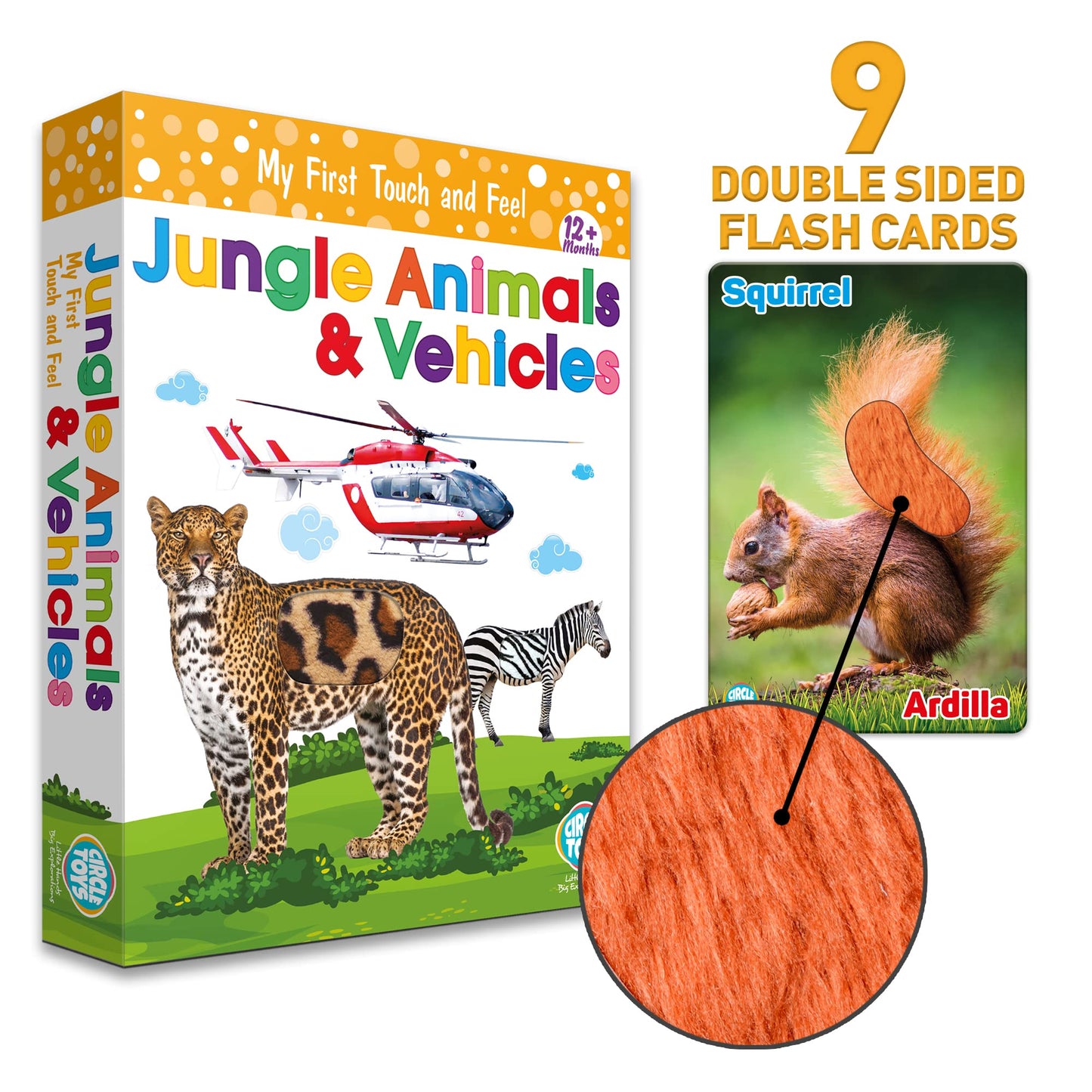 My Touch and Feel English Spanish Bilingual Picture Double Sided Sensory Flash Cards for Infant, Toddlers, Kids, Learn Animals, Fruits, and Vehicles, Fun Learning and Educational Flashcards