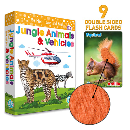 My Touch and Feel English Spanish Bilingual Picture Double Sided Sensory Flash Cards for Infant, Toddlers, Kids, Learn Animals, Fruits, and Vehicles, Fun Learning and Educational Flashcards