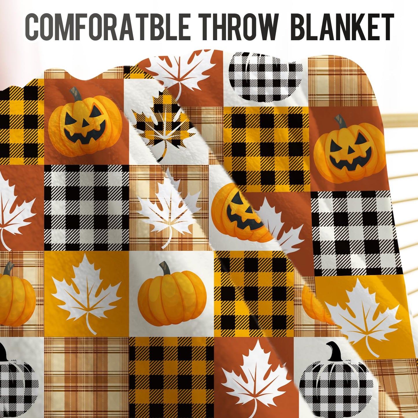 Halloween Pumpkin Throw Blanket Gifts, Pumpkins, Leaves Fall Plaid Blankets, Cozy Soft Fuzzy Plush Flannel Lap Throws for Couch Sofa Bed, for Kids Adults Wife Self, Birthday 60"x50"