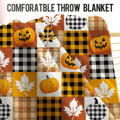 Halloween Pumpkin Throw Blanket Gifts, Pumpkins, Leaves Fall Plaid Blankets, Cozy Soft Fuzzy Plush Flannel Lap Throws for Couch Sofa Bed, for Kids Adults Wife Self, Birthday 60"x50"