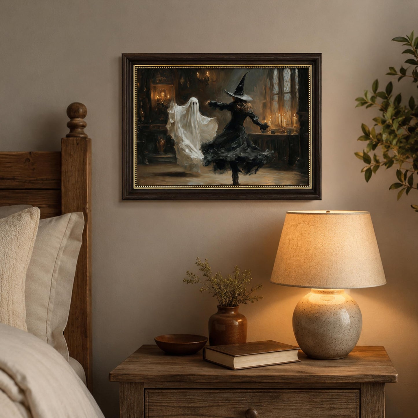 Vbaourut Framed Halloween Wall Art, Dancing Witch and Ghost Canvas Painting, Vintage Gothic Poster with Dark Brown Frame and Upgraded Hook and Loop for Living Room, 12x16 in