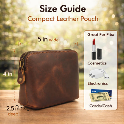 TheAntiq Full Grain Leather Cosmetic Bag – Zippered Makeup Pouch for Women, Small Travel Toiletry & Organizer Pouch for Purse, Premium Handmade Leather (5 × 4 × 2.5 in)