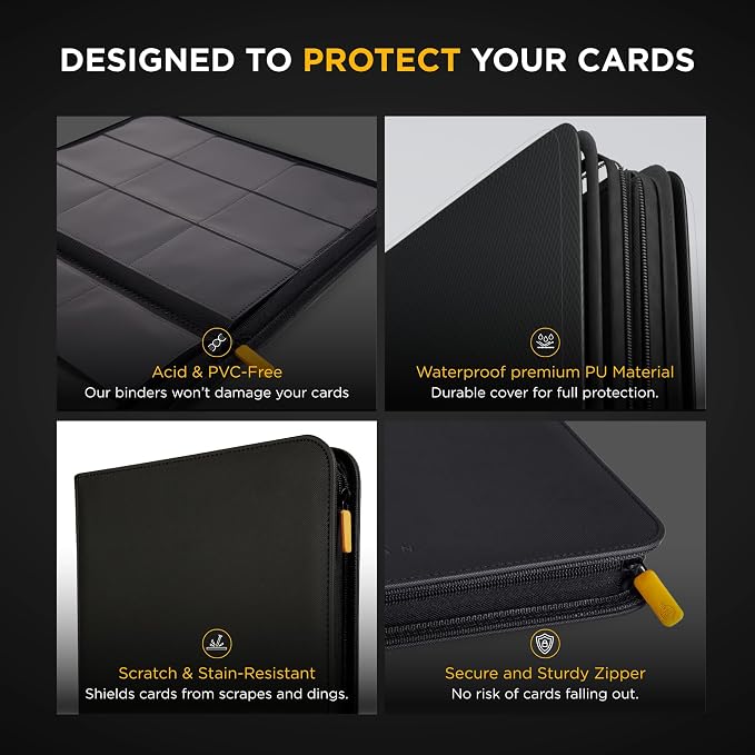 Card Guardian - 9 Pocket Premium Black Card Binder with Zipper for 360 Cards - Trading card binder with Side Loading Pockets for Trading Card Games -TCG Binder (Black)