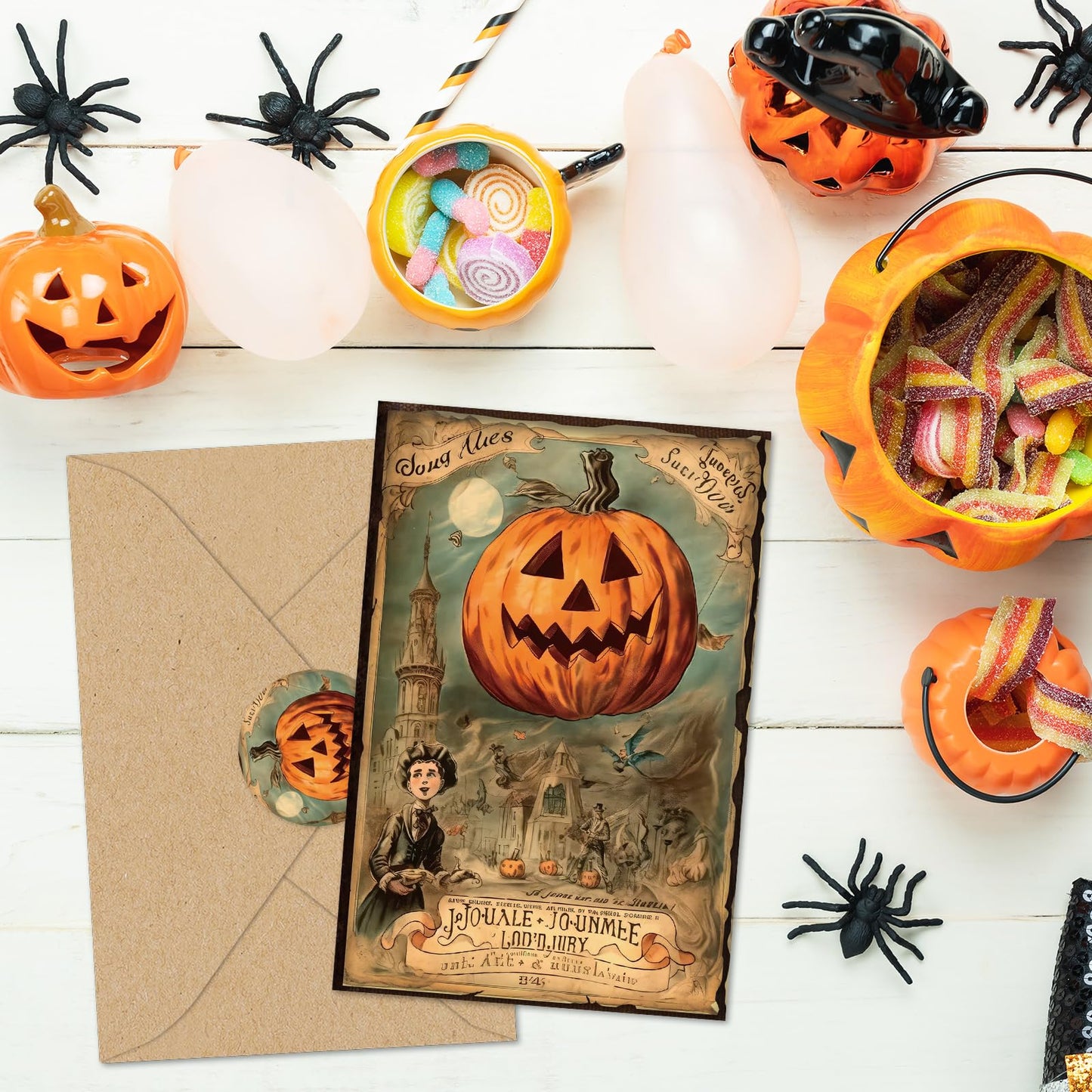 Whaline 32 Pack Halloween Greeting Cards with Stickers Envelopes Vintage Pumpkin Black Cat Skull Blank Note Cards for Trick or Treat Invitation, 4 x 6 Inch