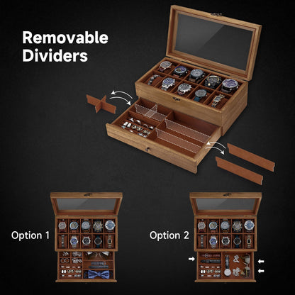 GALHUBIS Watch Box with 10 Slots, 2-Tier Watch Case for Large Dial Watches, Watch Display Case with Lid, Removable Watch Pillows, Gifts for Men Women, Watch Organizer with Drawer, Jewelry Box, Walnut